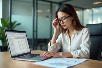 Jeune femme de bureau concentrée avec ordinateur et calculs