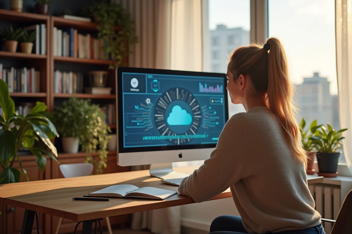 Jeune femme utilisant un service de cloud quantique dans un bureau lumineux