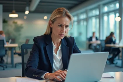 Femme cadre lisant un email professionnel avec une expression préoccupée, illustrant les conflits liés à l'utilisation du Cc et Cci en entreprise