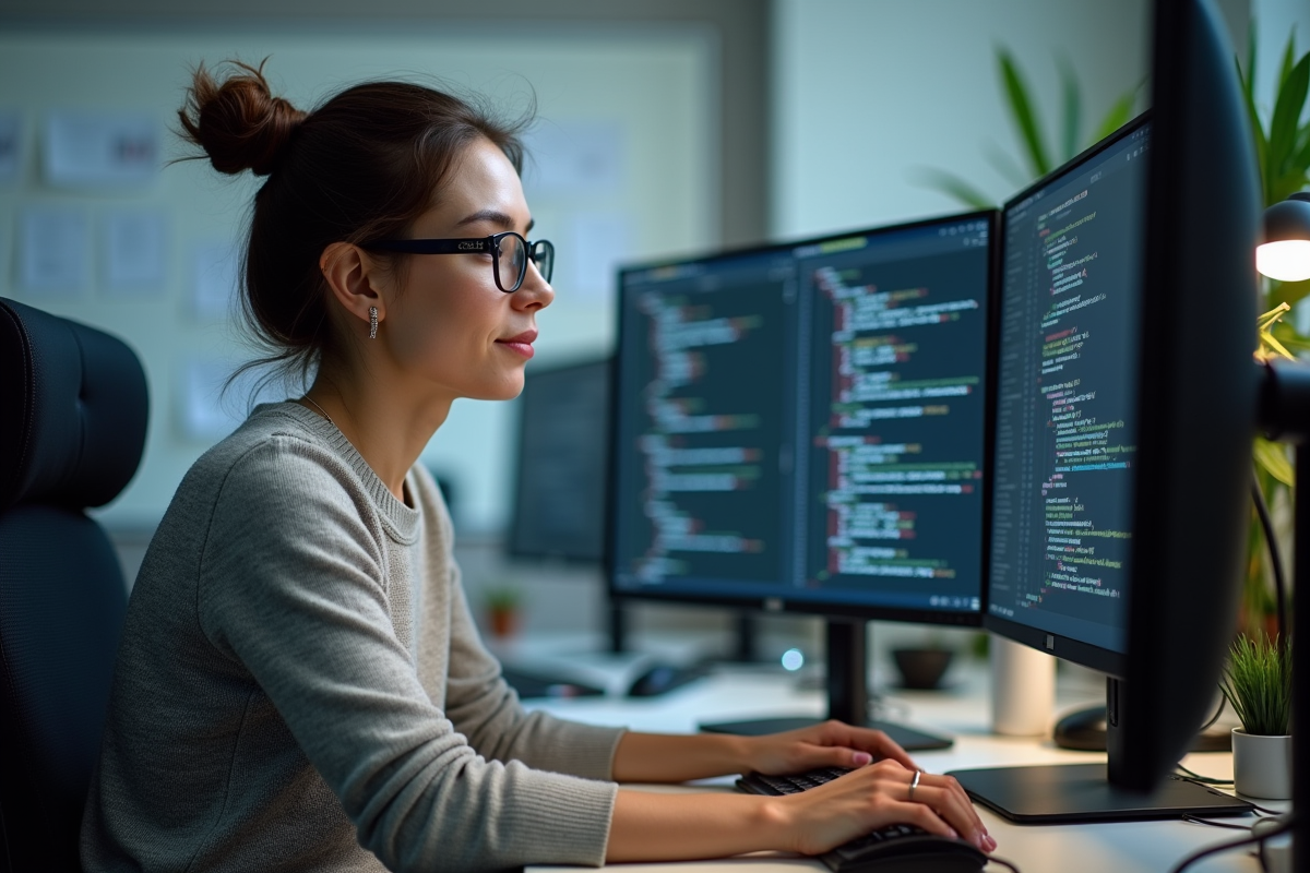 Femme analysant du code sur plusieurs écrans dans un bureau professionnel