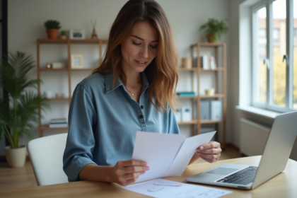 Jeune femme compare deux notes de mot de passe dans un intérieur lumineux