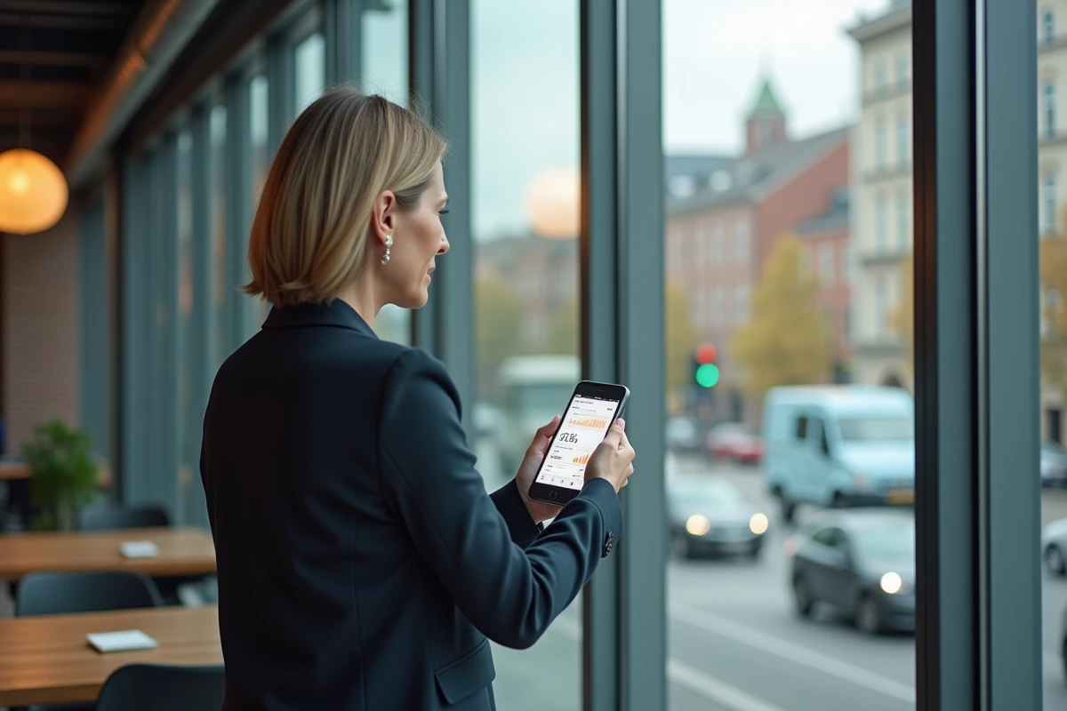 Femme regardant dehors avec smartphone en coworking