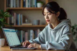 Jeune femme concentrée devant un ordinateur portable affichant un tableau de conversion d'octets en ko, Mo et Go