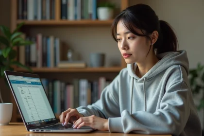 Jeune femme concentrée devant un ordinateur portable affichant un tableau de conversion d'octets en ko, Mo et Go