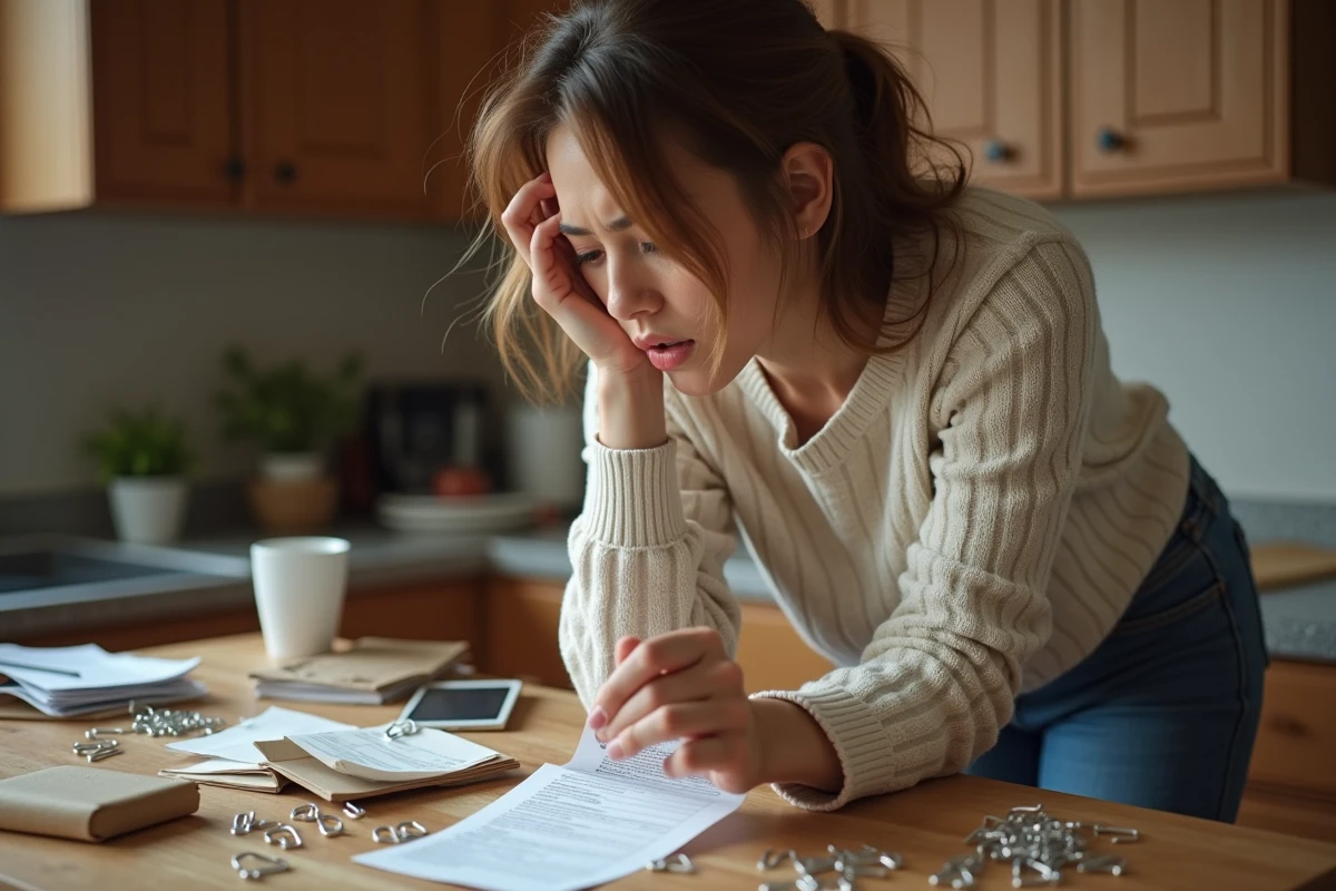 Jeune femme examinant des paperclips dans une cuisine quotidienne