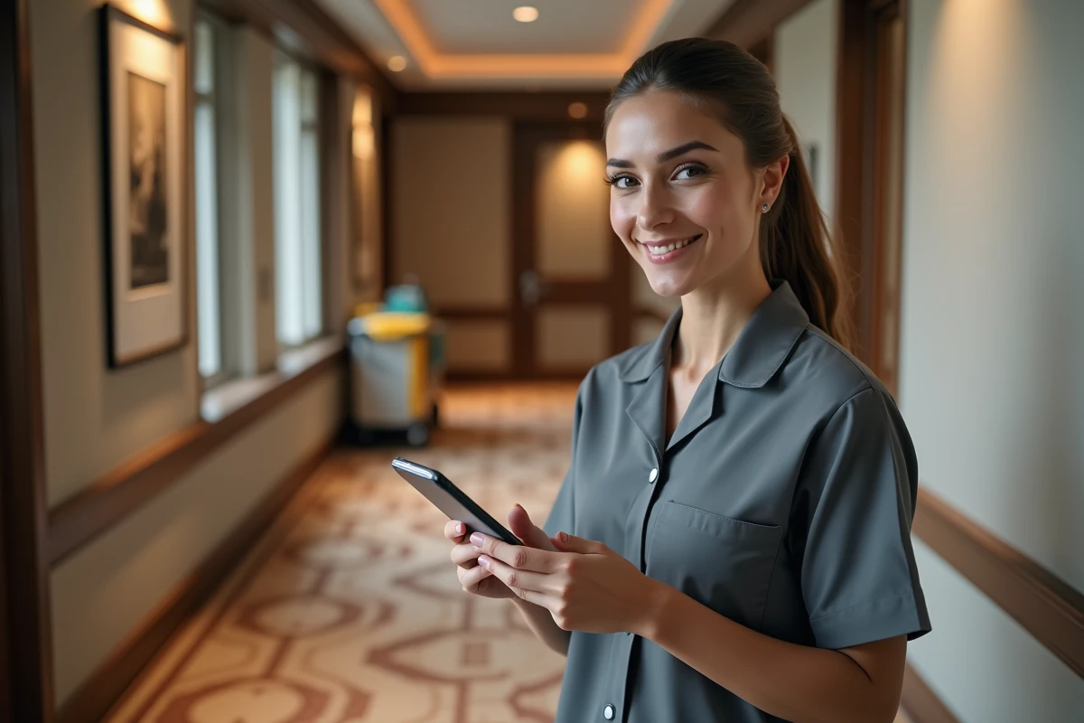 Femme de chambre utilisant une application mobile de gestion des tâches dans un couloir d'hôtel moderne