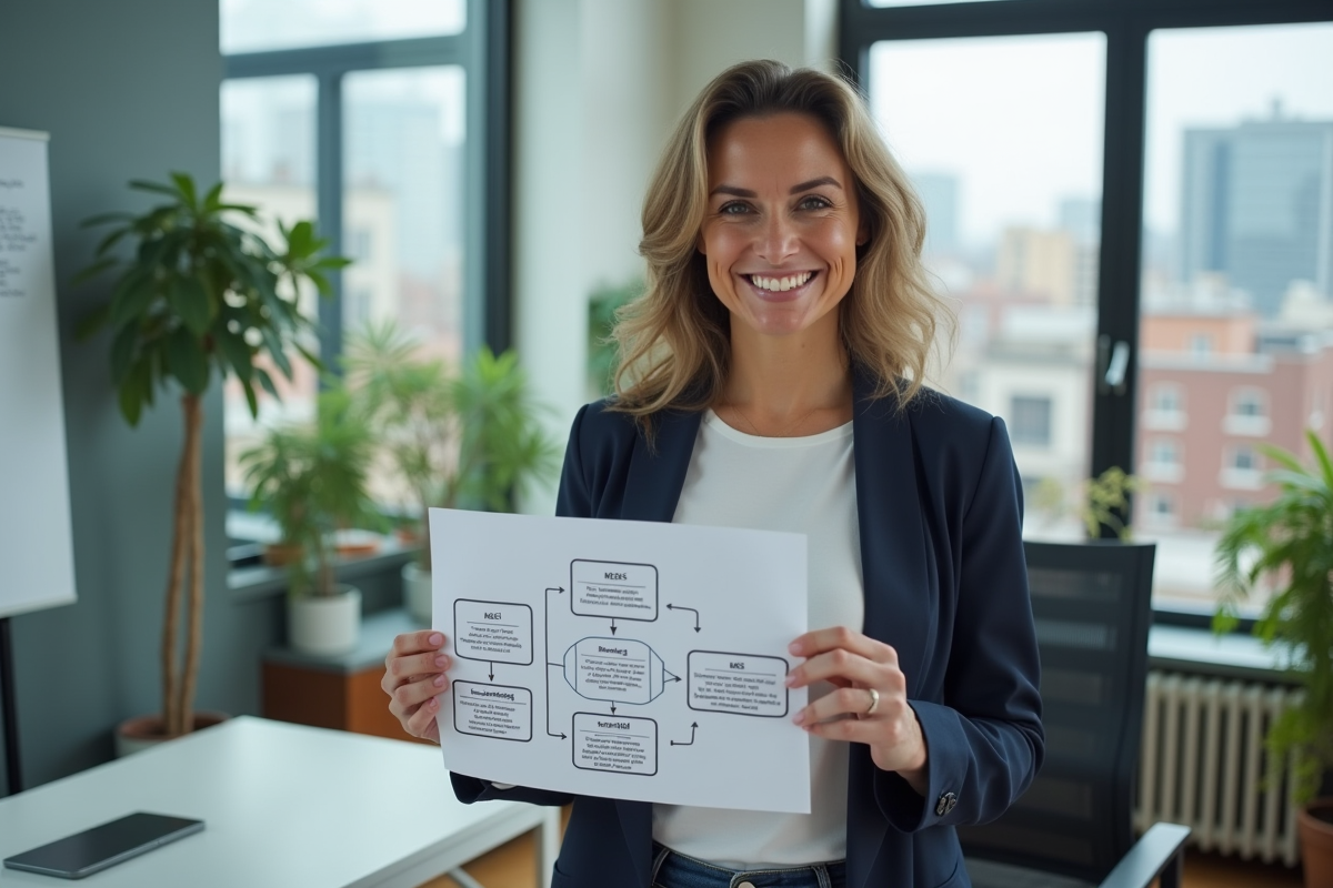 Femme souriante tenant un diagramme RSS dans un espace de coworking