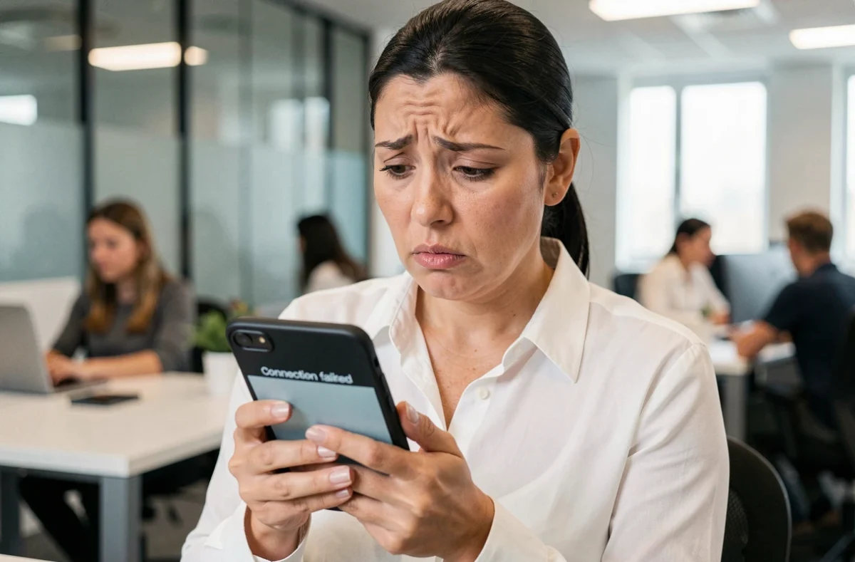Femme tenant un smartphone affichant un message d'erreur de connexion, symbolisant un problème d'accès à une adresse en ligne modifiée