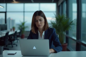Femme frustrée devant un écran d'ordinateur affichant une erreur de connexion webmail au bureau
