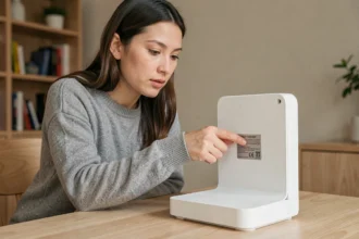 Femme inspectant l'étiquette d'une box internet Bbox pour retrouver son code WiFi