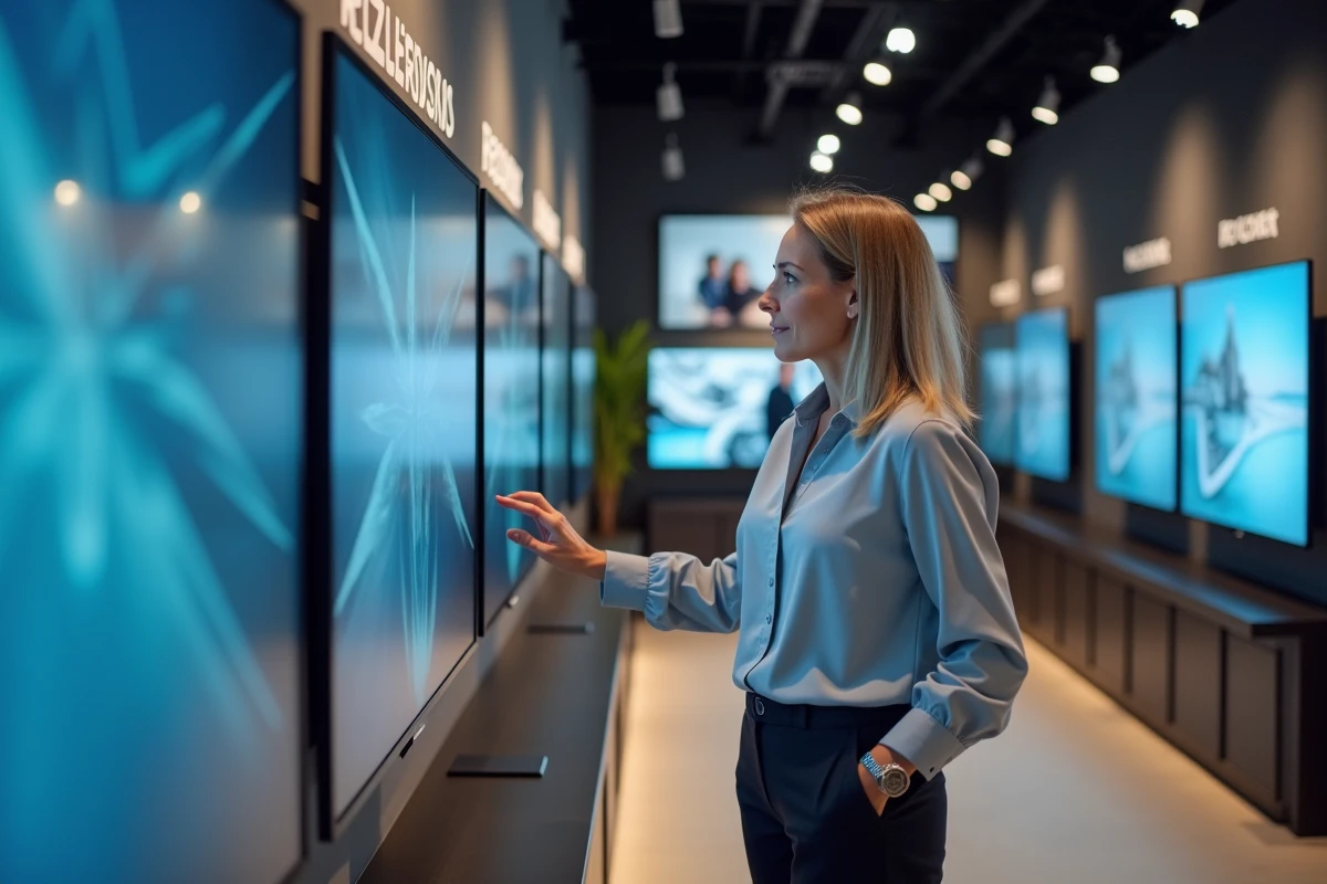Femme examine un grand téléviseur en magasin d’électronique