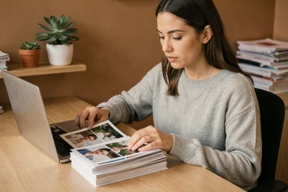 Femme organisant des feuilles JPG imprimées pour les fusionner en un PDF multipage sur son bureau à domicile