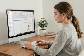 Jeune femme consultant un document Google Docs avec sommaire sur un écran d'ordinateur de bureau dans un bureau à domicile organisé