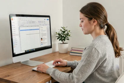Jeune femme consultant un document Google Docs avec sommaire sur un écran d'ordinateur de bureau dans un bureau à domicile organisé