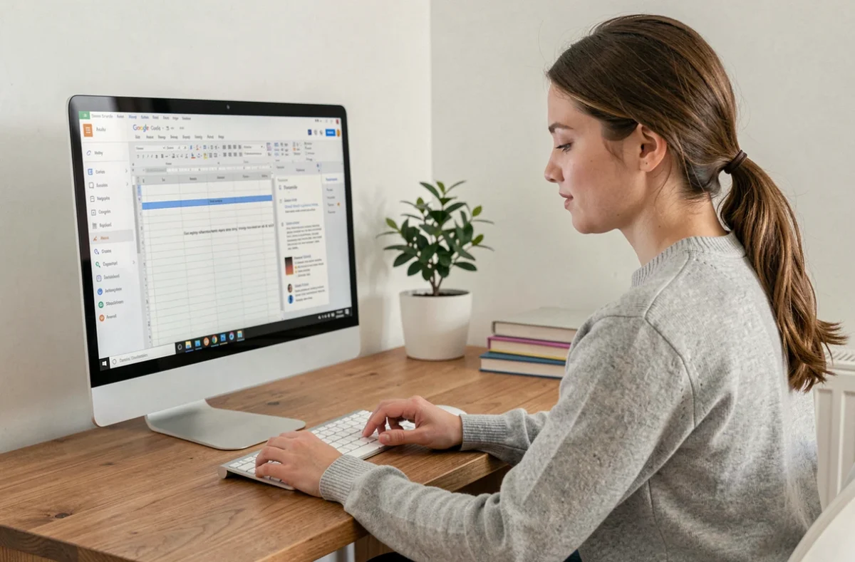 Jeune femme consultant un document Google Docs avec sommaire sur un écran d'ordinateur de bureau dans un bureau à domicile organisé