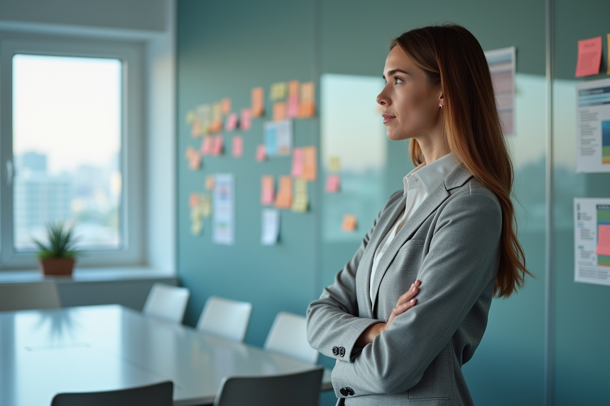 Femme analysant des notes colorées et rapports de test