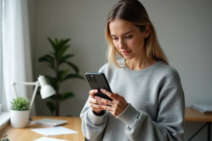Femme examinant un iPhone 14 Pro reconditionné dans un bureau à domicile moderne