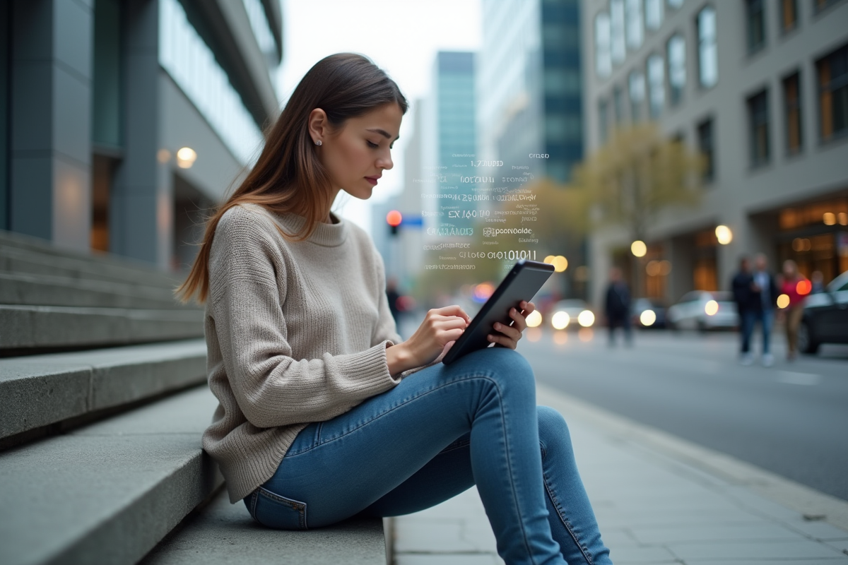 Jeune femme avec tablette sur les escaliers urbains
