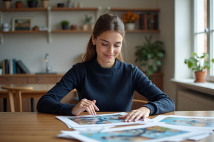 Jeune femme lisant des affiches d'art dans un appartement lumineux