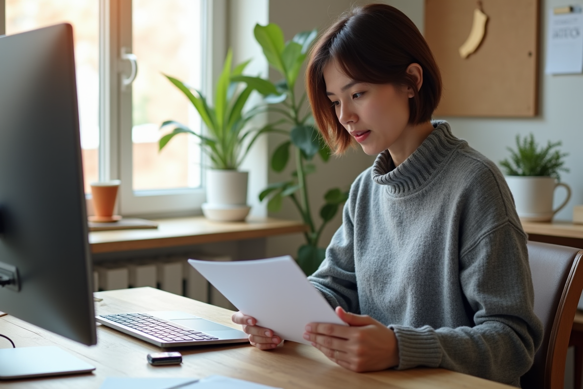 Femme lisant un manuel SSD dans un bureau lumineux