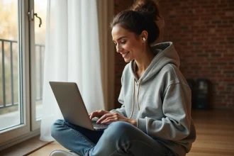 Jeune femme écoutant de la musique téléchargée hors ligne sur son ordinateur portable avec des écouteurs sans fil dans un appartement cosy