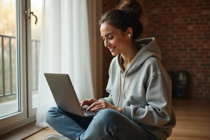 Jeune femme écoutant de la musique téléchargée hors ligne sur son ordinateur portable avec des écouteurs sans fil dans un appartement cosy