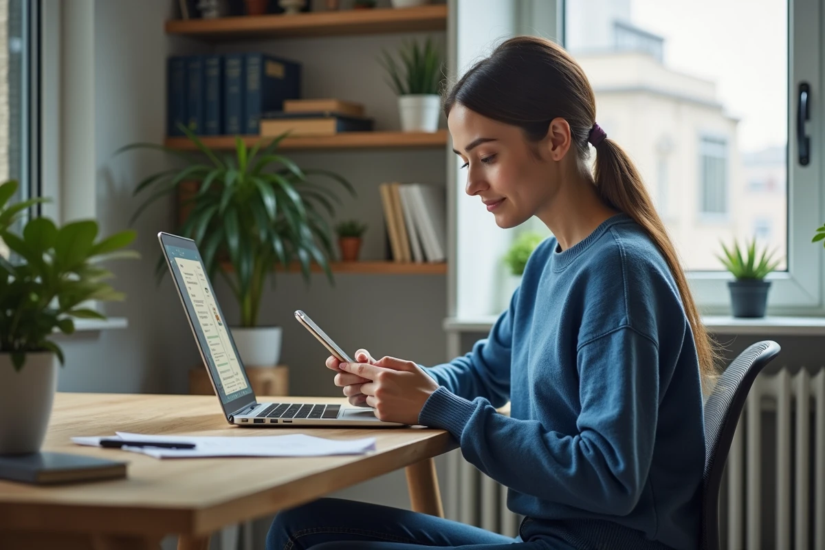 Jeune femme utilisant un smartphone dans un bureau à domicile