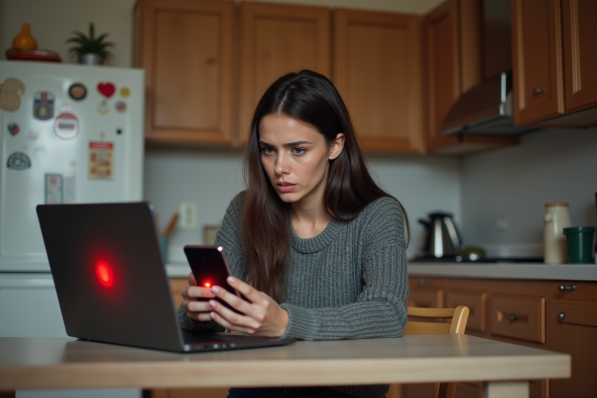 Jeune femme anxieuse utilisant son smartphone à la maison