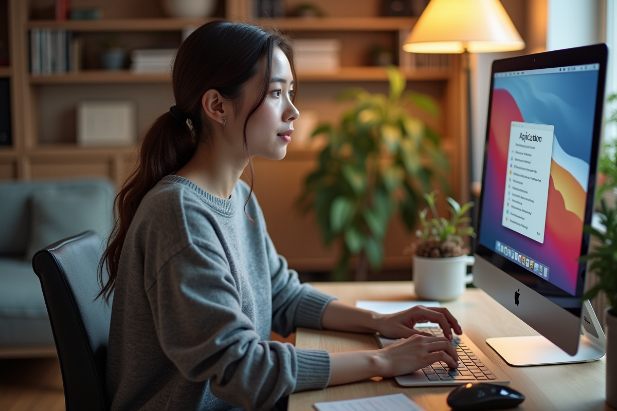 Jeune femme au bureau à domicile avec MacBook