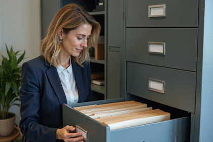 Femme en costume triant des dossiers dans un bureau moderne