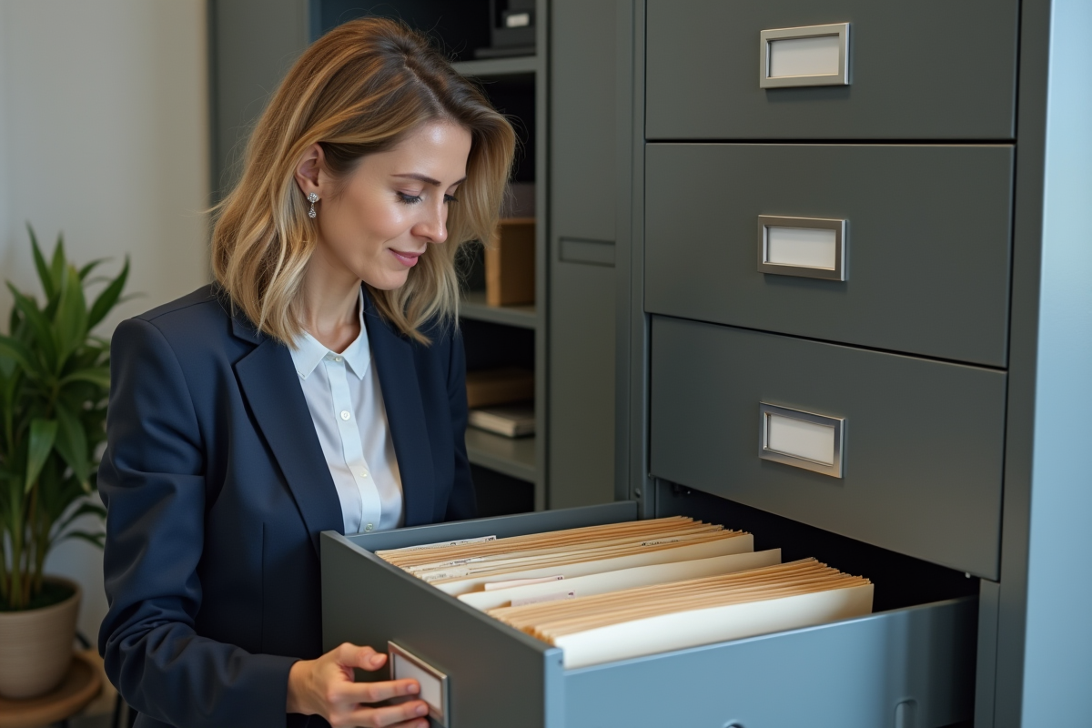 Femme en costume triant des dossiers dans un bureau moderne