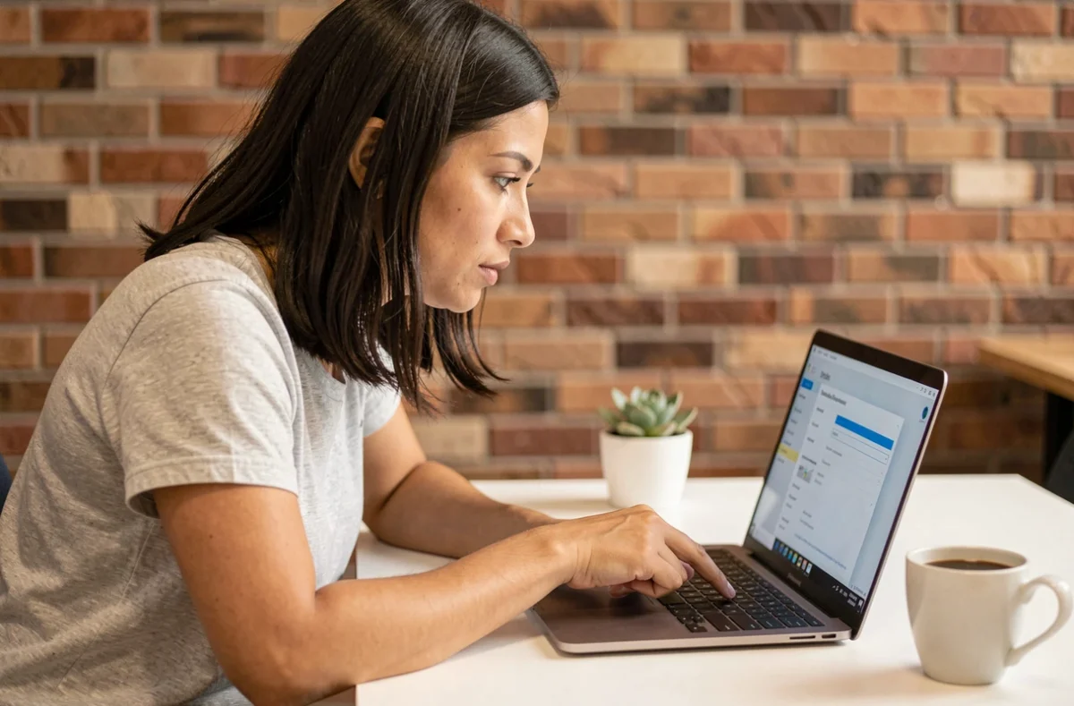 Femme consultant les paramètres système Windows 11 sur un laptop pour accéder aux options de démarrage avancées BIOS AORUS