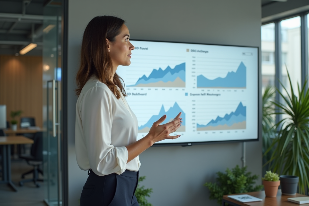 Femme expliquant des graphiques SEO sur un écran dans un espace de coworking