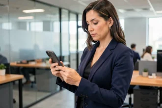 Femme professionnelle utilisant un iPhone 12 Pro dans un bureau moderne pour la productivité et la sécurité des données
