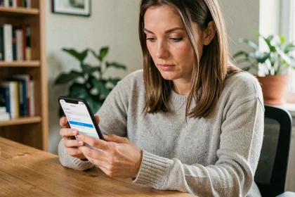 Femme consultant les réglages IMAP de son application Webmail49 sur un smartphone Android dans un bureau à domicile