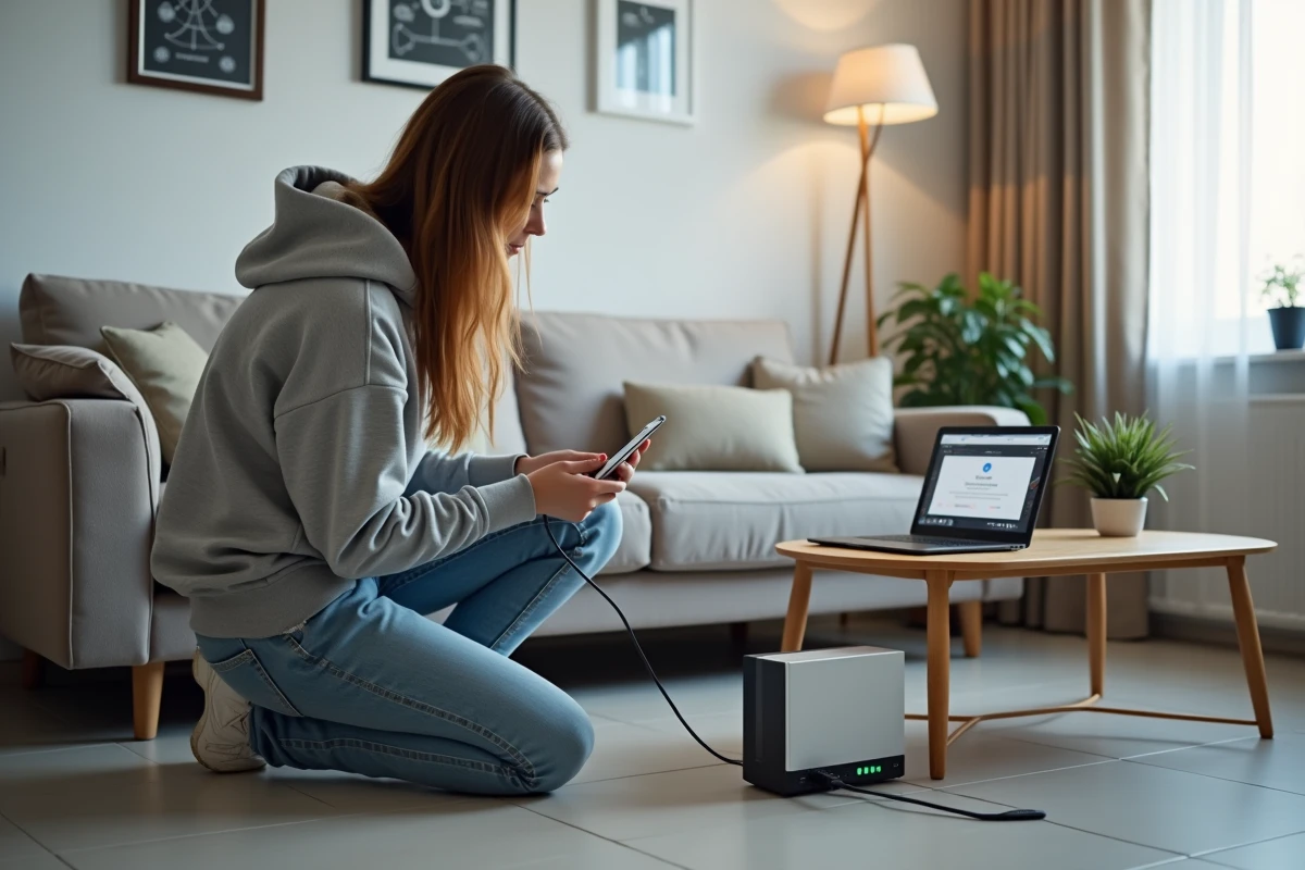 Jeune femme connectant un câble réseau près d