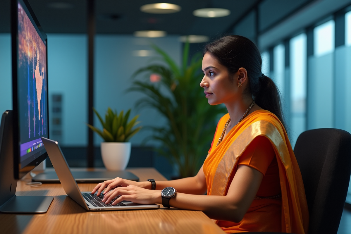Femme indienne en sari utilisant un ordinateur au bureau