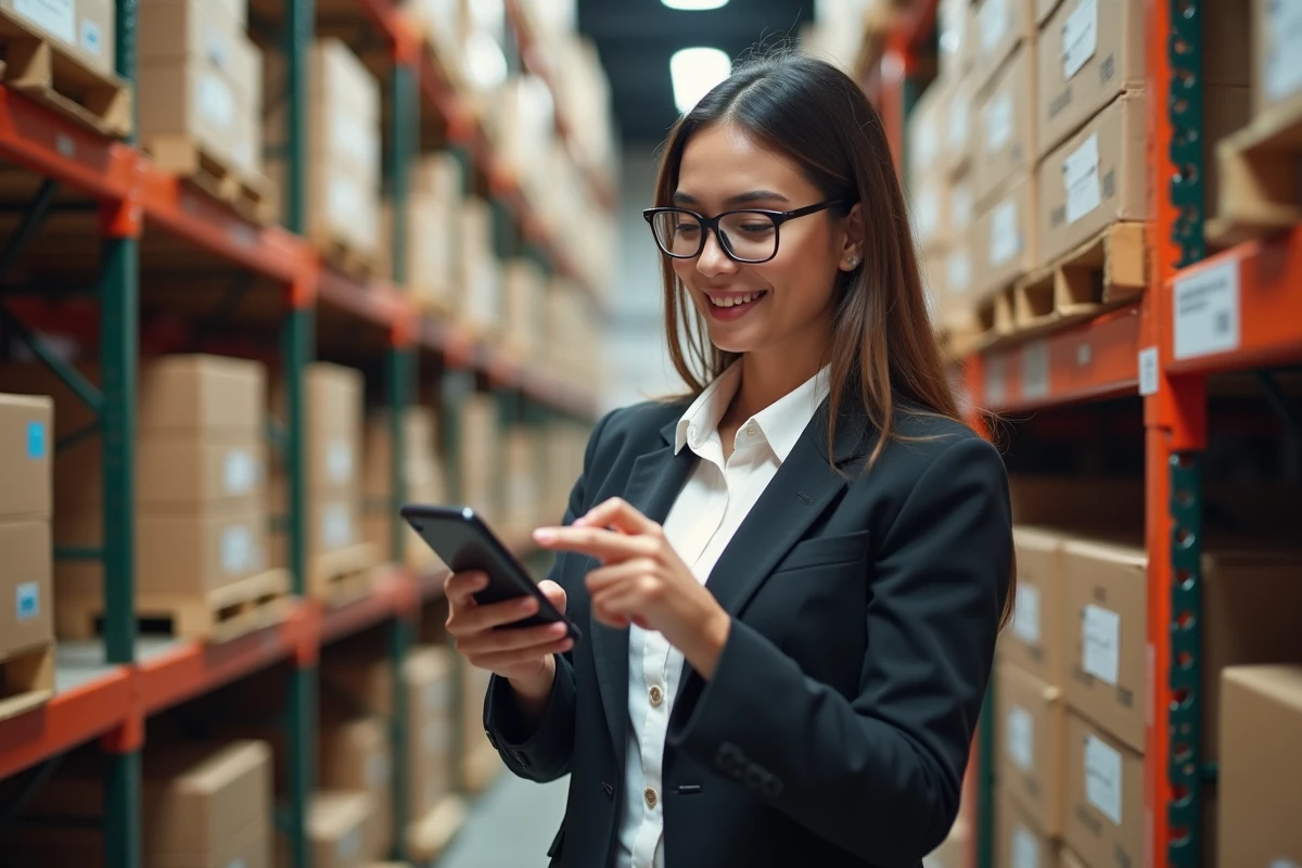 Jeune femme scannant un colis dans un entrepôt