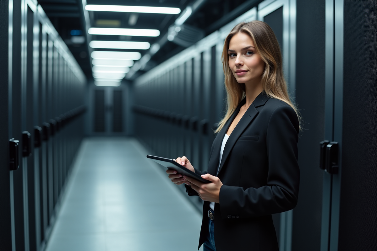Jeune femme prenant des notes dans un centre de serveurs