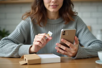 Femme consultant son smartphone après avoir sorti sa carte SIM Réglo Mobile de son emballage