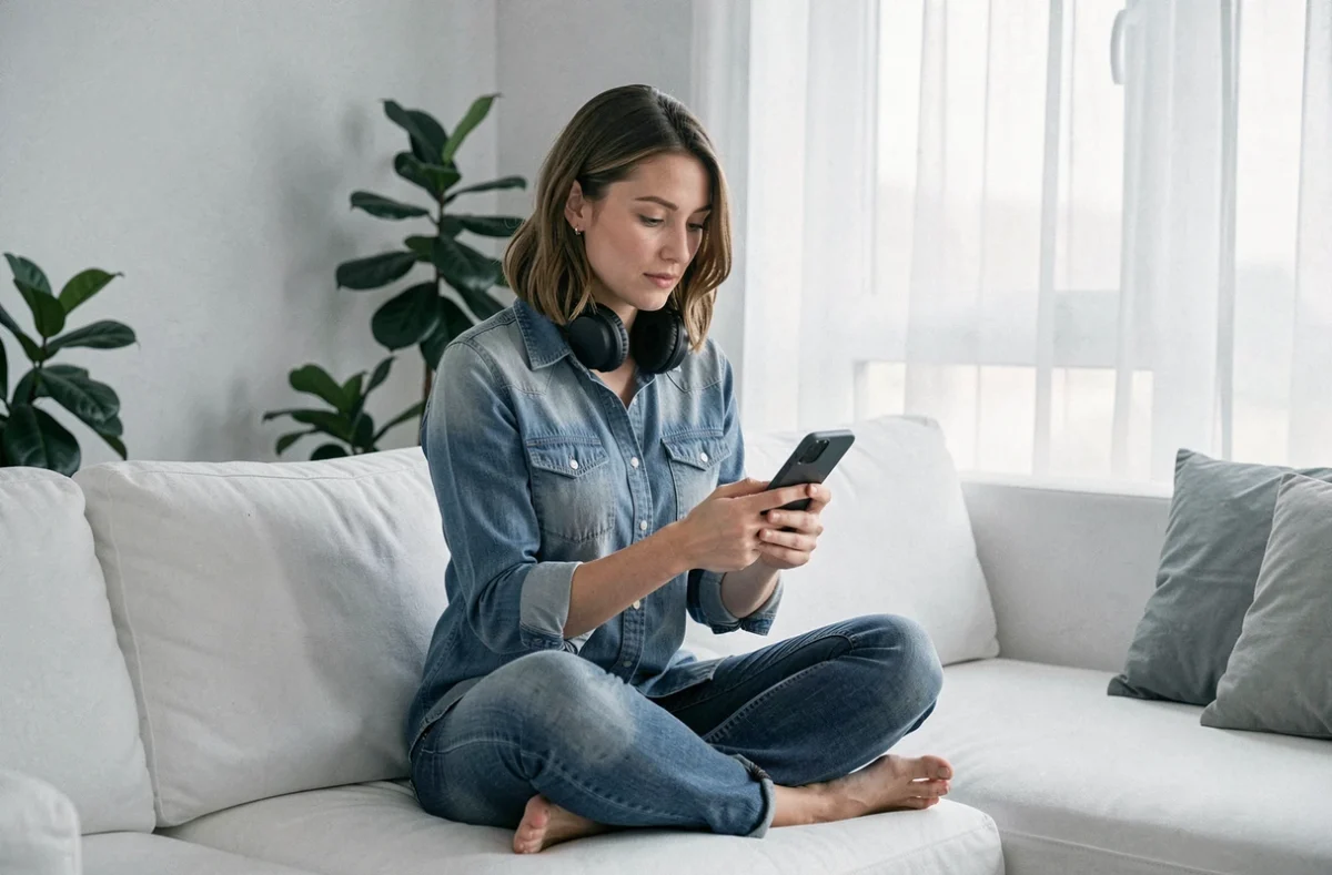Femme écoutant de la musique sur son smartphone et explorant la légalité du téléchargement de playlists YouTube en MP3