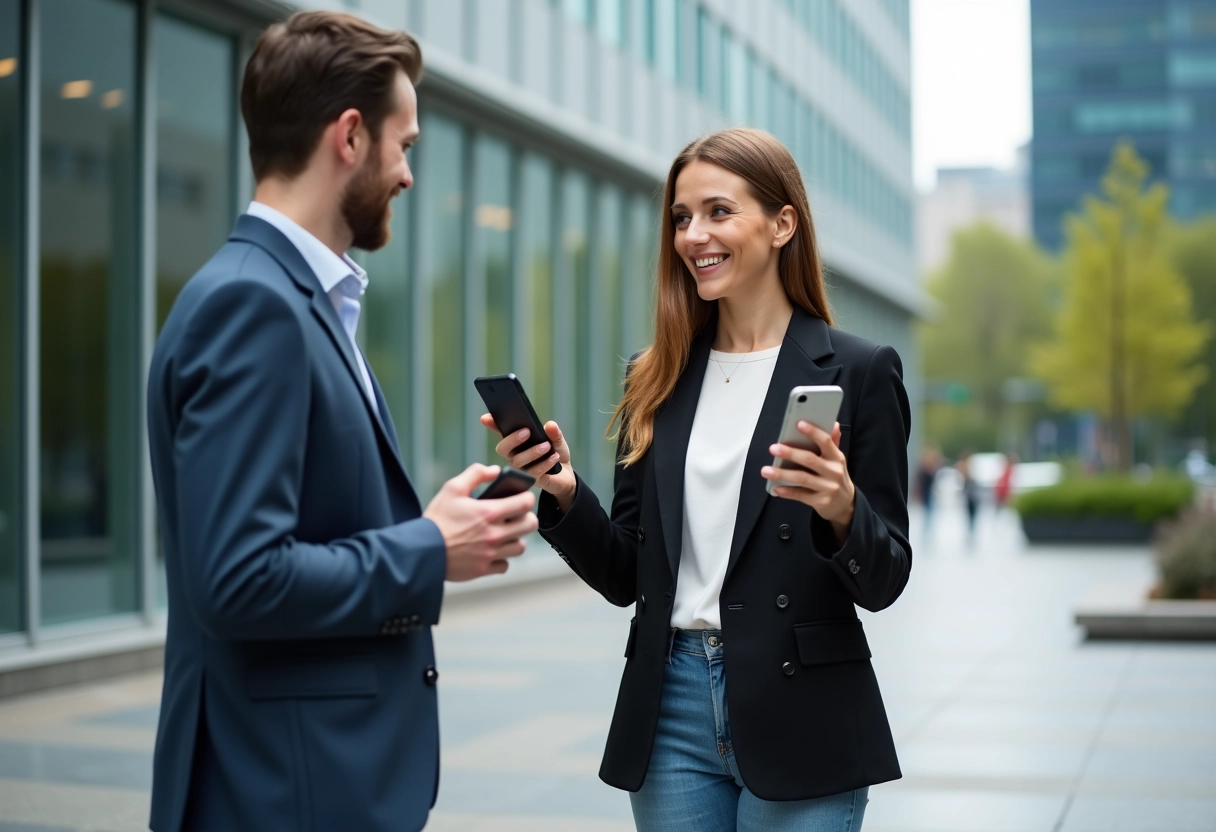 Jeune femme tenant trois smartphones en ville