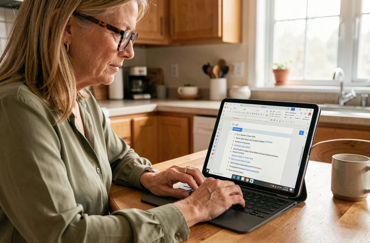 Femme avec lunettes travaillant sur tablette à la cuisine pour organiser un document Google Docs avec un sommaire détaillé