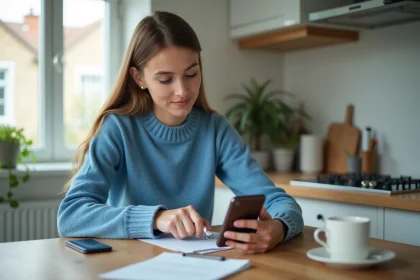 Jeune femme transfere des donnees entre deux smartphones