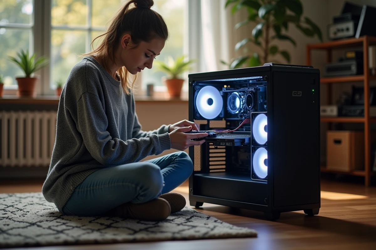 Femme en pull gris installe de la RAM dans son PC gaming