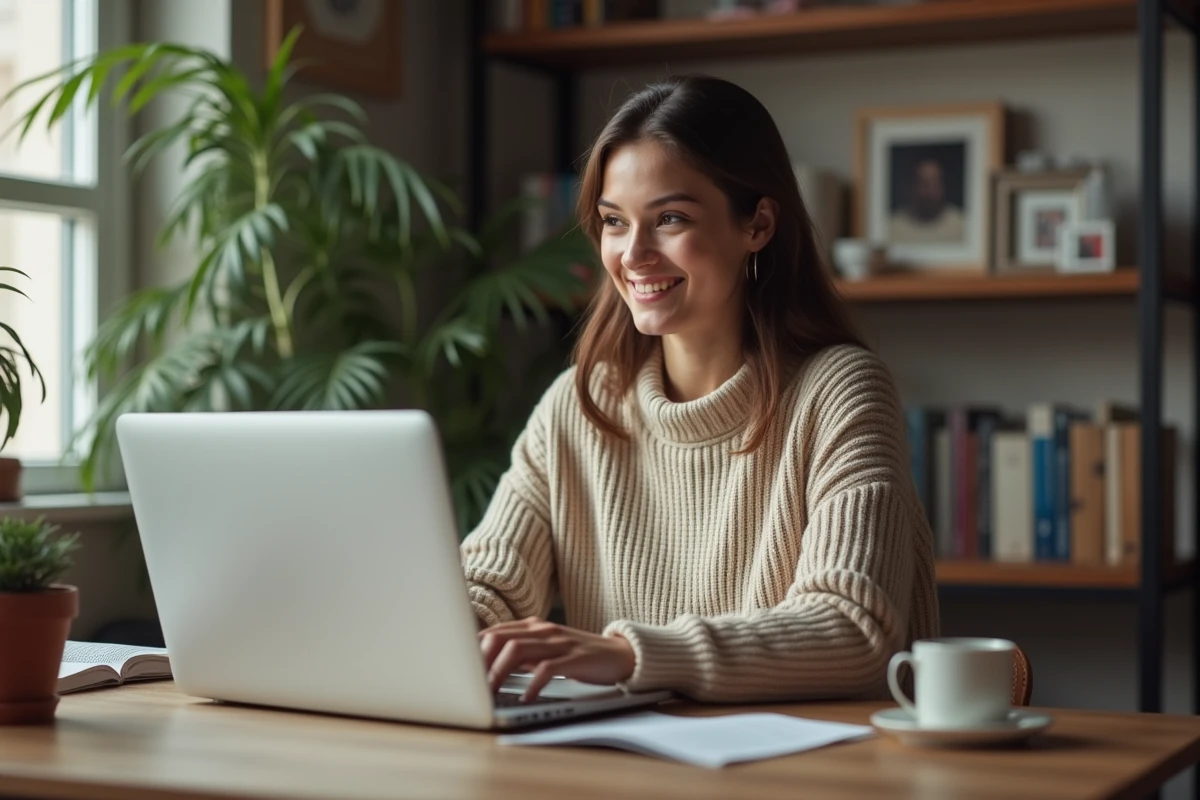 Jeune femme en sweater et jeans travaillant sur son ordinateur