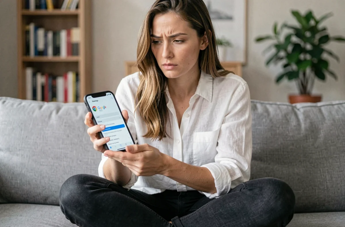 Femme vérifiant les mots de passe enregistrés sur Chrome depuis son smartphone dans un salon