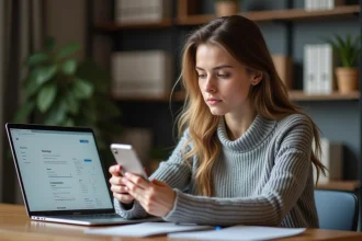 Jeune femme consultant son smartphone pour vérifier la sécurité d'un site Instagram en toute confidentialité
