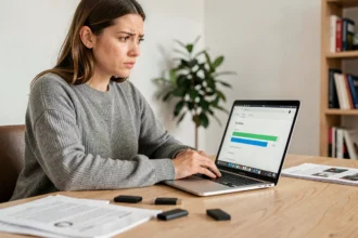 Femme concentrée vérifiant un transfert de fichiers sur SwissTransfer depuis son bureau à domicile
