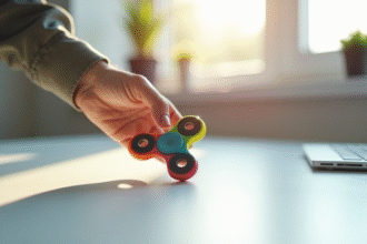 Main faisant tourner un spinner coloré sur un bureau blanc
